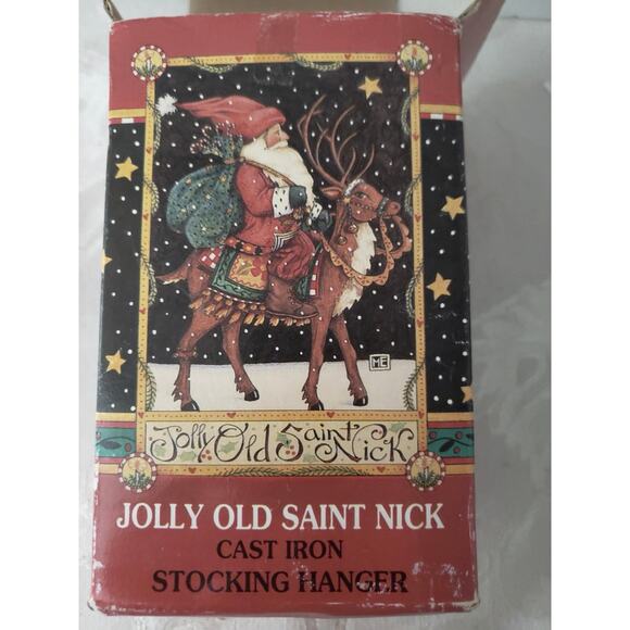 RARE Mary Engelbreit Christmas Cast Iron Stocking Hanger Santa Jolly Old Midwest - Picture 1 of 8